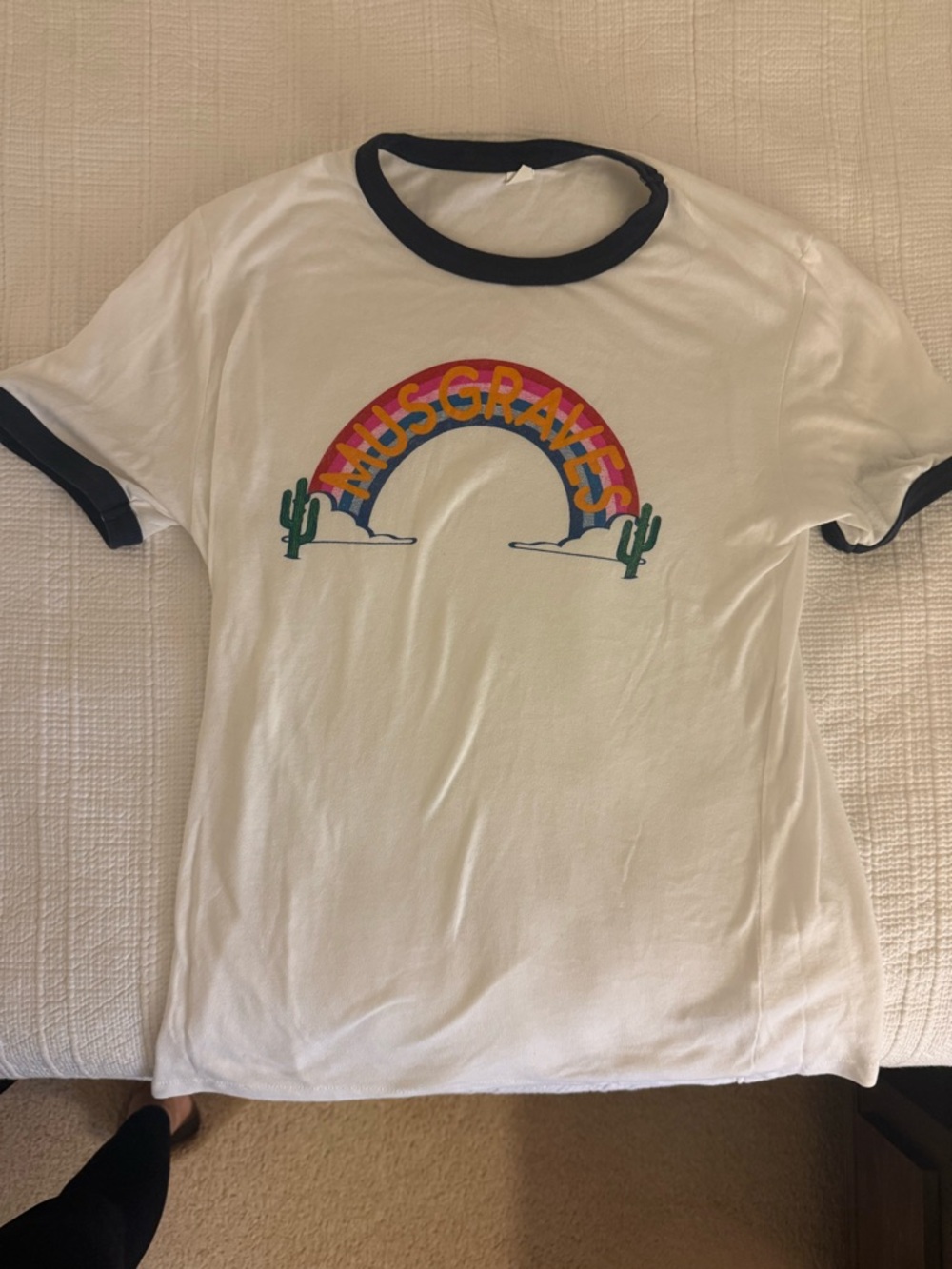 White Ringer Tee with Rainbow Graphic